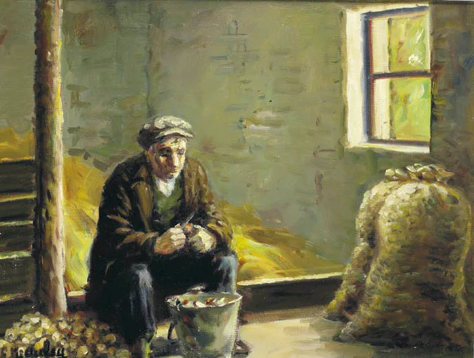 Charles McAuley, CUTTING THE SEED POTATOES, oil on canvas
