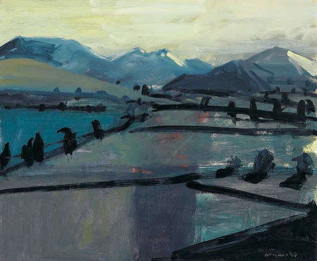 DARK FIELDS, MOURNES by Brian Ballard, oil on canvas, offered Sep 2004