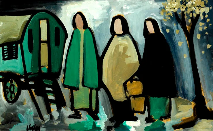 TRAVELLING FOLK by Markey Robinson, gouache on board, sold Sep 2004