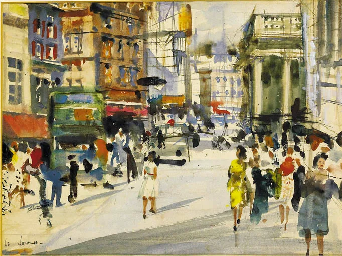 James Le Jeune, DUBLIN STREET SCENE (VIEW ALONG WESTMORELAND STREET TOWARDS COLLEGE GREEN), watercolour