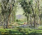 Rowland Hill, WOODLAND LANDSCAPE WITH A YOUNG WOMAN GATHERING BLUEBELLS