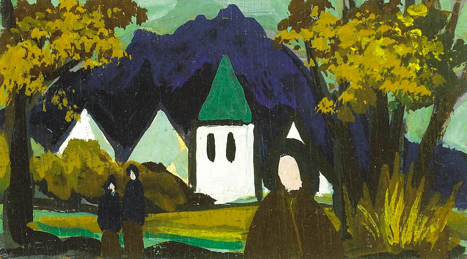 FIGURES BEFORE A VILLAGE by Markey Robinson, oil on panel, sold Sep 2004