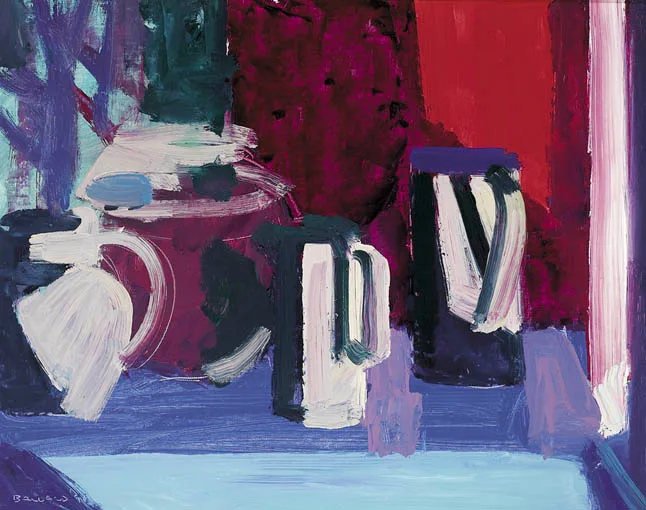 THREE JUGS ON RED by Brian Ballard, oil on canvas board, sold Sep 2004