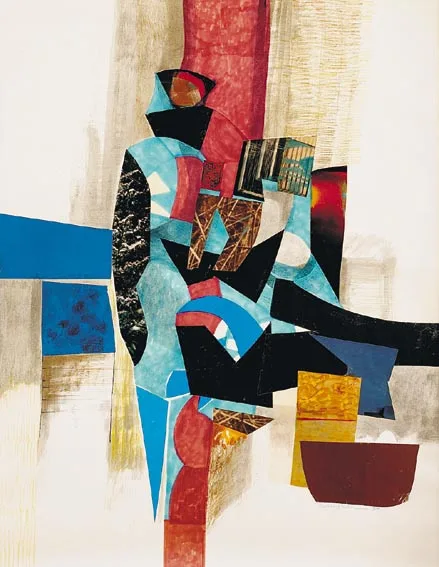 FRUIT SELLER by George Campbell, collage, watercolour and pencil on paper, sold Apr 2004