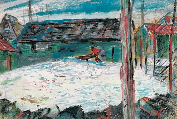 BACKYARD, WINTER by Tony O'Malley, watercolour, gouache and pencil on paper, sold Apr 2004