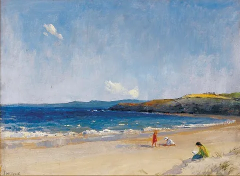 WOMAN AND CHILDREN ON THE FAIRY STRAND, DONEGAL by James Humbert Craig, oil on canvas, sold Apr 2004