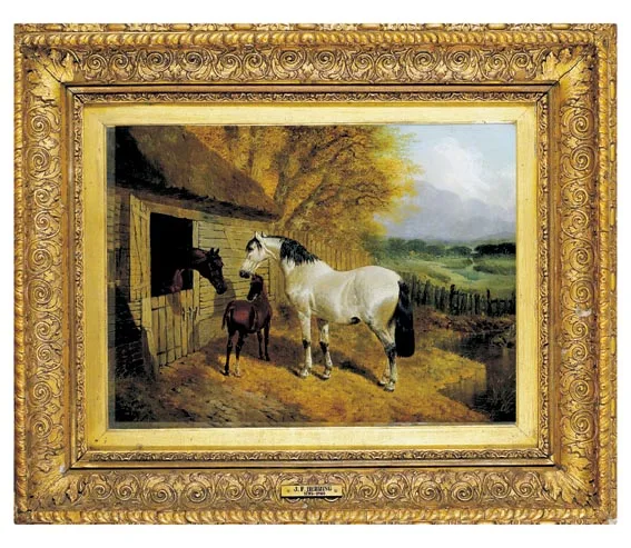 John Frederick Herring Jnr, STABLE-YARD WITH TWO HORSES AND A FOAL, AND A RIVERINE LANDSCAPE BEYOND, oil on canvas