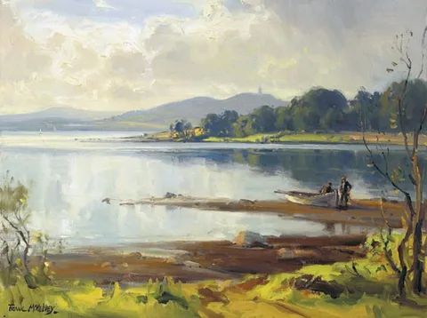 Frank McKelvey, FISHERMEN ON STRANGFORD LOUGH, COUNTY DOWN, oil on canvas