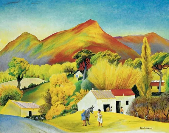 Sine MacKinnon, CHILDREN WITH A DONKEY OUTSIDE FARM BUILDINGS IN A VALLEY, oil on canvas