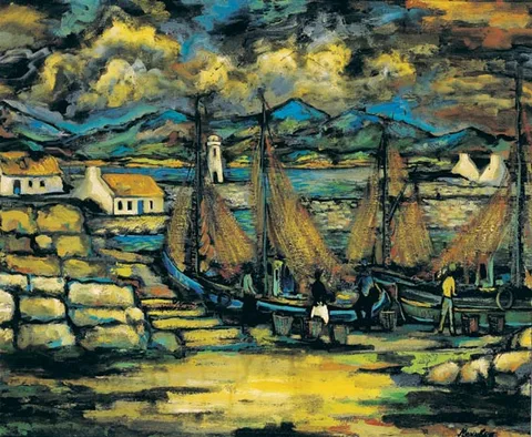 FISHING VILLAGE by Markey Robinson, oil on board, sold Apr 2004