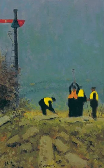 RAILWAY WORKERS, SKERRIES by Patrick Leonard, oil on panel, sold Apr 2004