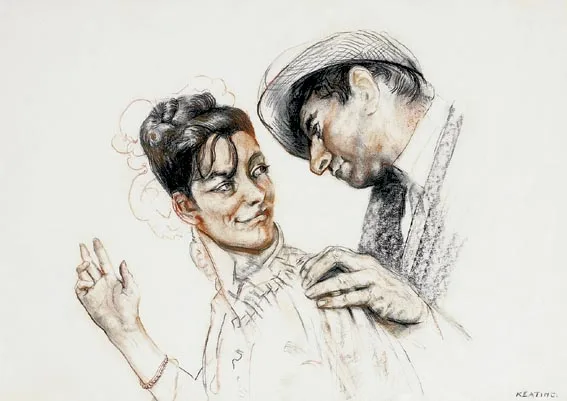 A CONVERSATION PIECE by Seán Keating, black and sanguine Conté crayon heightened with white, sold Apr 2004