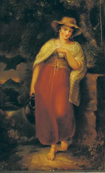 Ellen Williams, YOUNG WOMAN WITH A WATER PITCHER LEANING BY A WELL, oil on panel