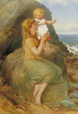 Samuel McCloy, YOUNG WOMAN AND INFANT GIRL SEATED ON ROCKS BY THE SEA