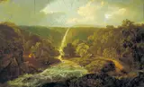 William Sadler II, A DISTANT VIEW OF POWERSCOURT WATERFALL, COUNTY WICKLOW, WITH A HORSEMAN STANDING BY SOME RAPIDS ON THE DARGLE, AND A CARRIAGE ON THE OPPOSITE BANK