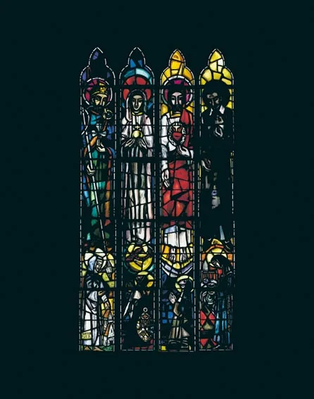 Patrick Pollen, ST PATRICK; THE VIRGIN MARY, CHRIST WITH THE SACRED HEART; ST. VINCENT DE PAUL, two pairs of two-light painted and stained glass windows