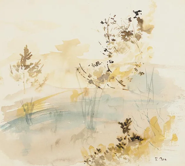 SHRUBS IN THE MEADOW by Tom Carr, watercolour, pen and ink on paper, sold Apr 2004