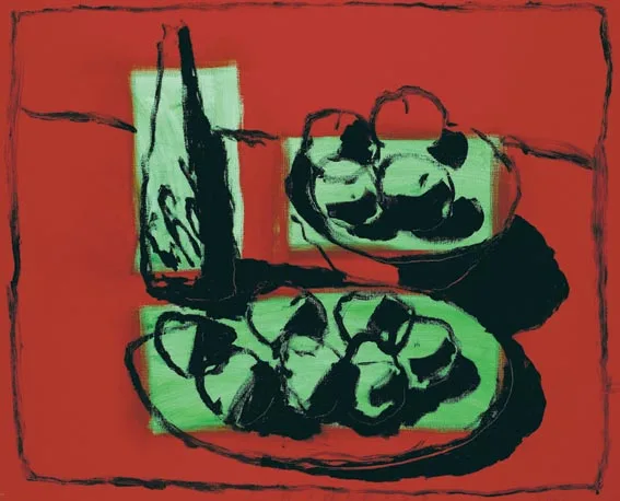 Neil Shawcross, RED AND GREEN STILL LIFE, acrylic on canvas