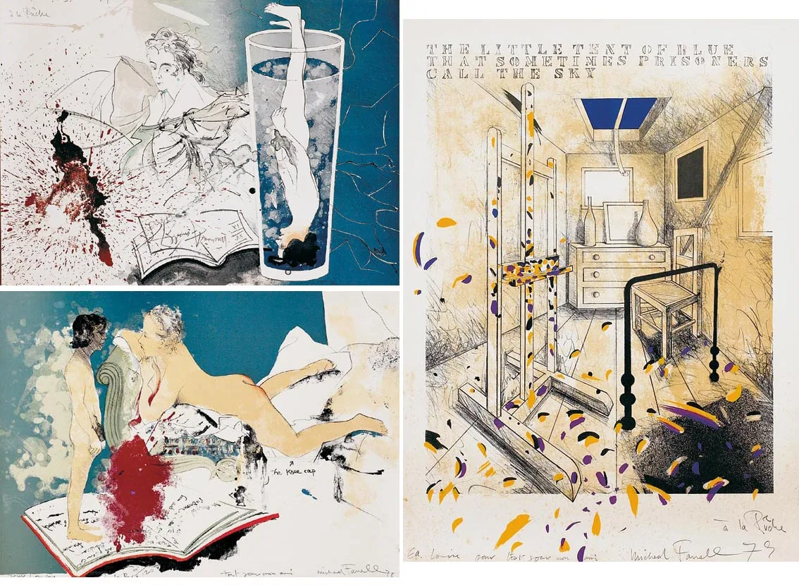 Micheal Farrell, A PAIR OF WORKS FROM THE MISS O'MURPHY SERIES and THE LITTLE TENT OF BLUE THAT SOMETIMES PRISONERS CALL THE SKY, lithographs, unframed (3)