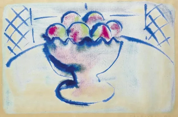 FRUIT DISH IN BLUE by Neil Shawcross, watercolour on paper, sold Apr 2004