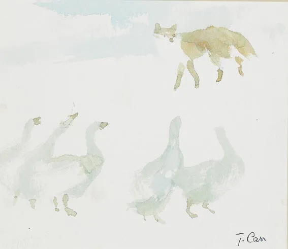 FOX AND GEESE by Tom Carr, watercolour, sold Apr 2004