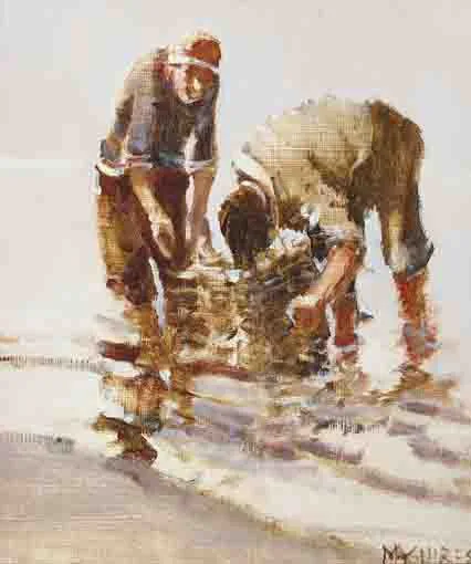 GATHERING COCKLES by Cecil Maguire, oil on board, sold Nov 2003