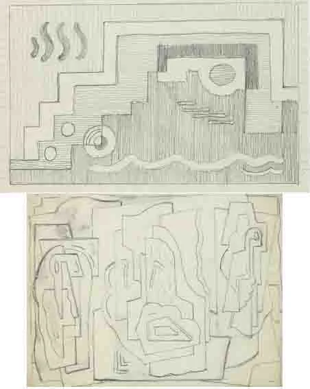 COMPOSITION WITH THREE ELEMENTS and RUG DESIGN (A PAIR) by Mainie Jellett, pencil on paper, sold Nov 2003