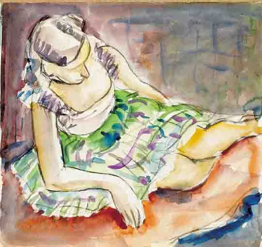 MODEL RECLINING by George Campbell, watercolour over pencil, sold Nov 2003