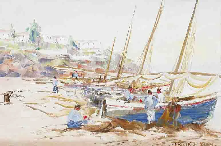 PREPARING NETS by Fergus O'Ryan, oil on canvas laid on board, sold Nov 2003