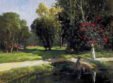 James Humbert Craig, CHILDREN SAILING TOY BOATS ON A PARK POND, oil on canvas