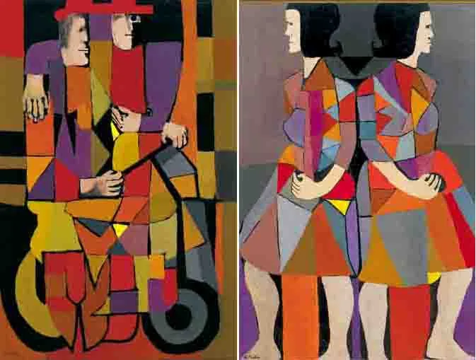 John Middleton, FIGURES ON BICYCLE and TWO WOMEN (A PAIR), oil on board