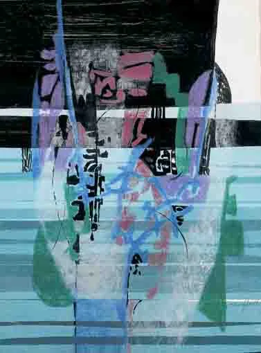 ABSTRACT WITH BLUE STRIATIONS by George Campbell, mixed media on paper, sold Nov 2003