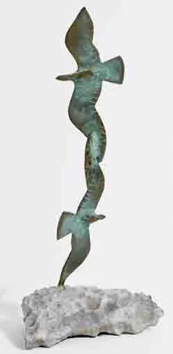 TWO BIRDS IN FLIGHT by John Behan, cast bronze on a stone base, sold Nov 2003