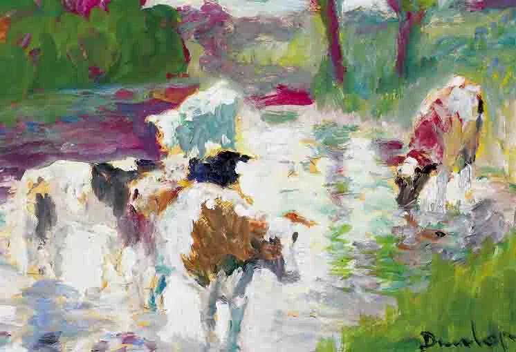 CATTLE WATERING by Ronald Ossory Dunlop, oil on board, sold Nov 2003