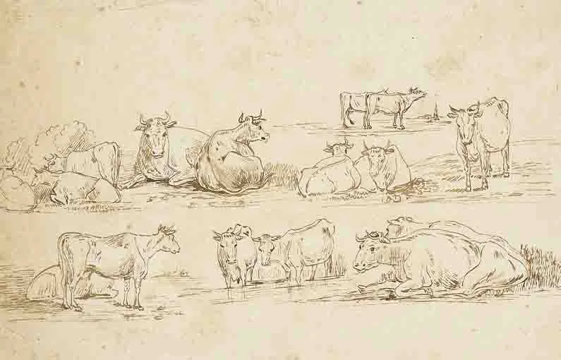 Andrew Nicholl, STUDY OF CATTLE AFTER CUYP AT DULWICH COLLEGE and A STUDY OF SHEEP (A PAIR), pen and ink