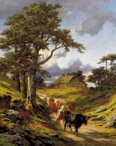 Alfred Grey, DAIRY HERD ON A PATH, WITH A THATCHED ROOFED HOMESTEAD BEYOND, oil on canvas
