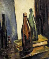 Ronald Ossory Dunlop, STILL LIFE WITH BROWN AND GREEN GLASS BOTTLES