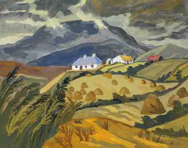 Anne King-Harman, COTTAGES AND HAY-STACKS WITH RAIN-CLOUDS APPROACHING, gouache on board