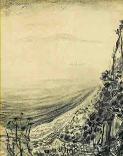 ANTRIM COASTLINE by Basil Blackshaw, crayon drawing, offered Nov 2003
