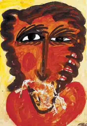 FACES (A PAIR) by Michael Mulcahy, acrylic and collage on paper, offered Nov 2003