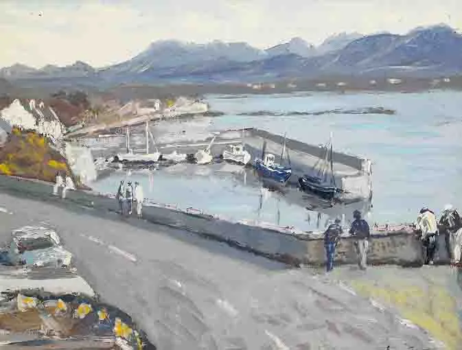 ROUNDSTONE HARBOUR WITH TWELVE PINS IN BACKGROUND by Ivan Sutton, oil on canvas board, sold Nov 2003