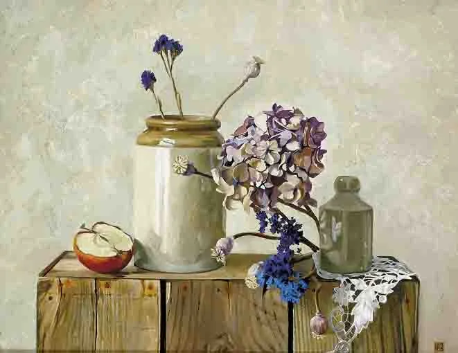 Ian McAllister, STILL LIFE WITH STONEWARE AND HYDRANGEA, oil on board