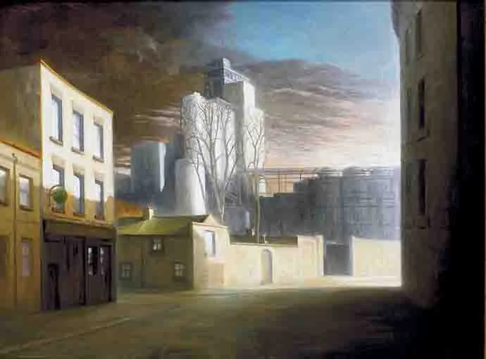 WINTER DAWN, ECHLIN STREET by Stuart Morle, oil on canvas laid on board, sold Nov 2003