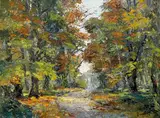 Ronald Ossory Dunlop, A WOODED PATH IN AUTUMN WITH GLIMPSE OF WATER BEYOND