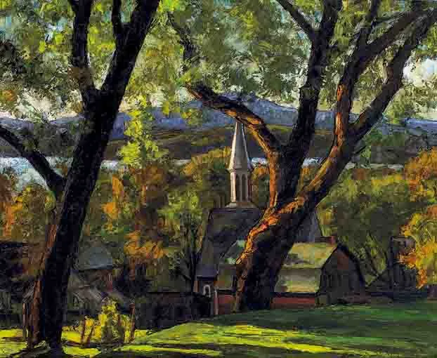Paul Nietsche, VIEW OF A CHURCH, LAKE AND HILLS THROUGH TREES, oil on board