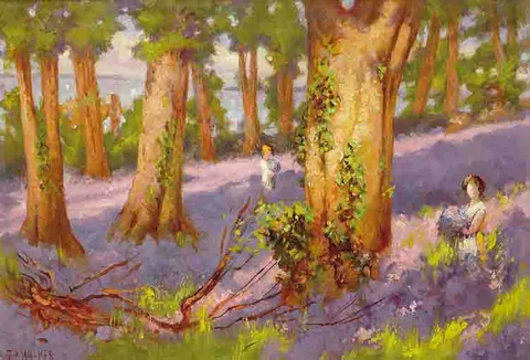 Thomas Bond Walker, BLUEBELLS WITH VIEW OF BELFAST LOUGH, oil on canvas