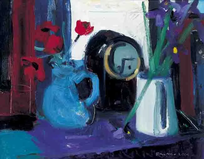 BLUE JUG AND CLOCK by Brian Ballard, oil on canvas, sold Nov 2003