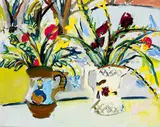 Elizabeth Cope, MIXED FLOWERS IN HAND-PAINTED POTTERY JUGS
