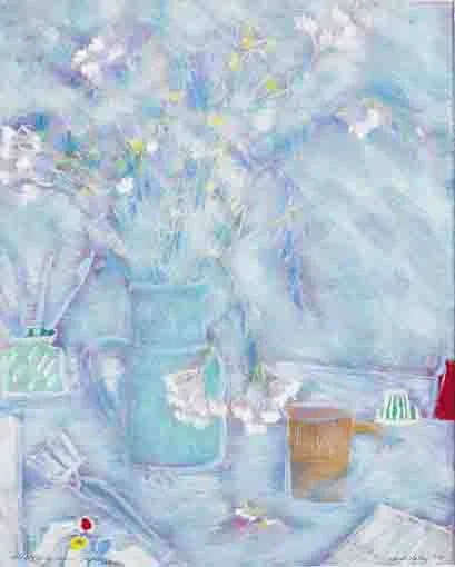 Jane O'Malley, HEDGE FLOWERS IN THE STUDIO, ST IVES, gouache on board