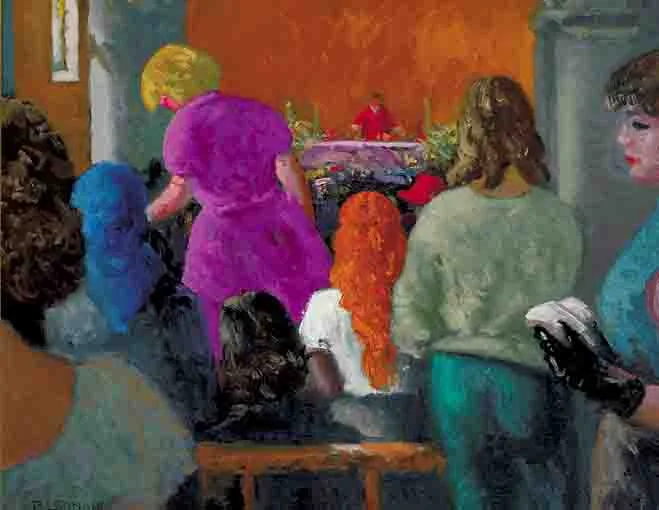AT MASS, BALBRIGGAN by Patrick Leonard, oil on panel, offered Nov 2003